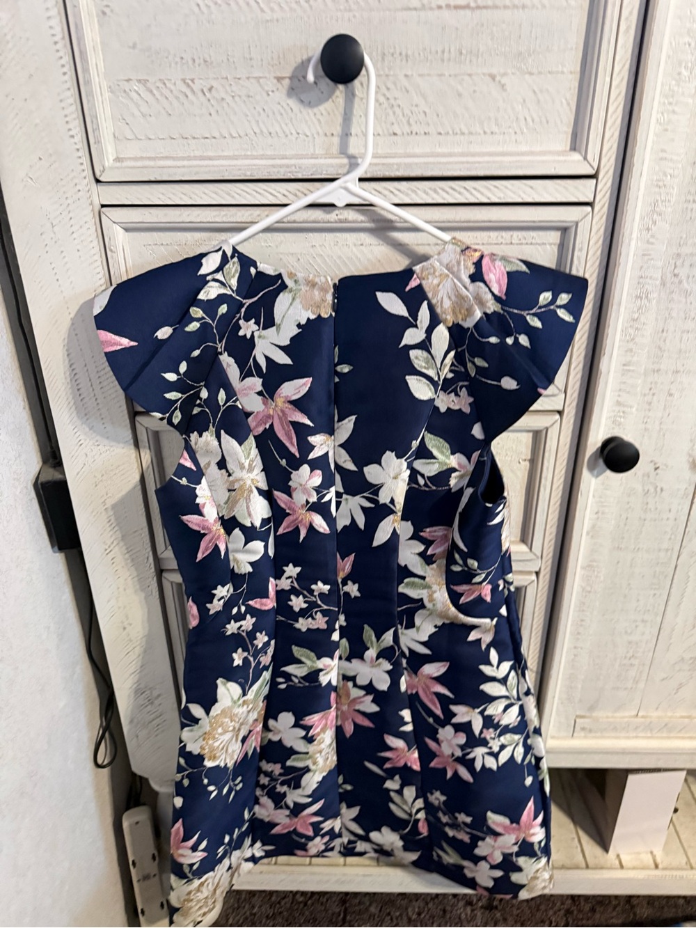1901 Navy Floral Midi Dress with Flutter Cap Sleeves